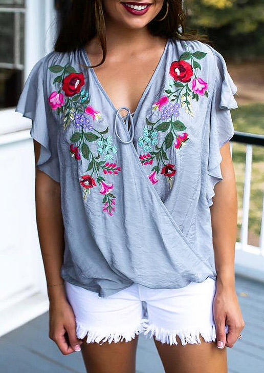 Floral Ruffled Wrap Tie Blouse - Light Blue