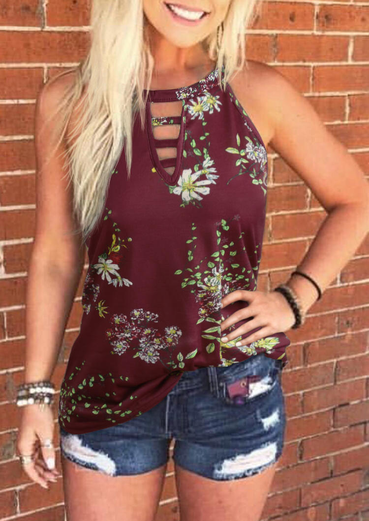 Tank Tops Floral Keyhole Neck Halter Casual Tank Top in Burgundy. Size: M