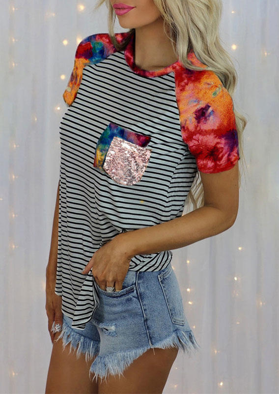 

Blouses Striped Tie Dye Sequined Pocket Blouse in Multicolor. Size