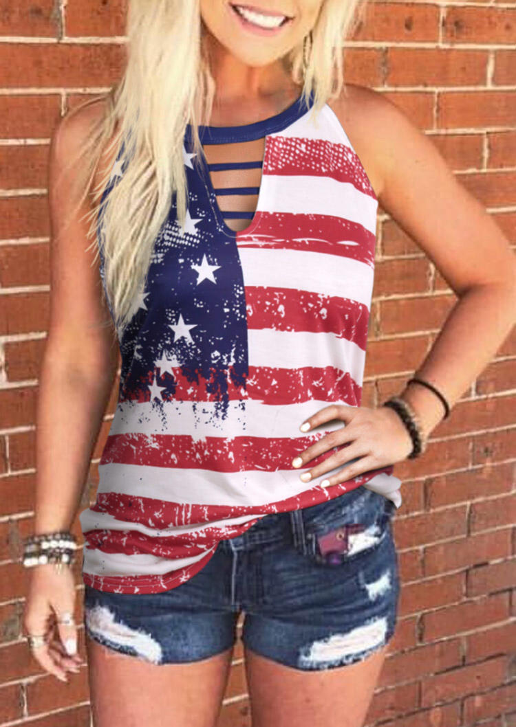 

Tank Tops American Flag Hollow Out Keyhole Neck Tank Top in Multicolor. Size