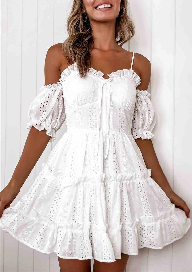 

Mini Dresses Hollow Out Ruffled Cold Shoulder Mini Dress in White. Size