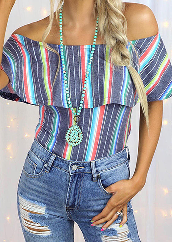 

Blouses Colorful Striped Layered Off Shoulder Blouse in Multicolor. Size: ,M,L,XL