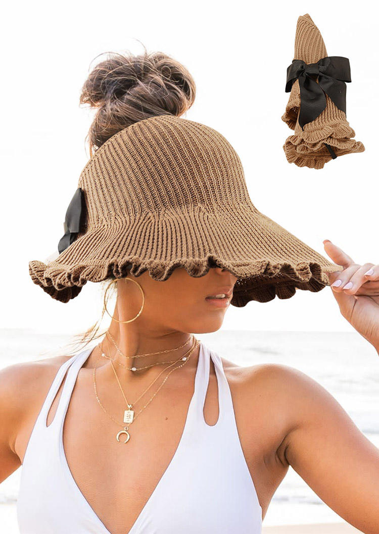 Hats Wave Hollow Out Bowknot Rolled Up Straw Hat in Beige,Khaki. Size: One Size
