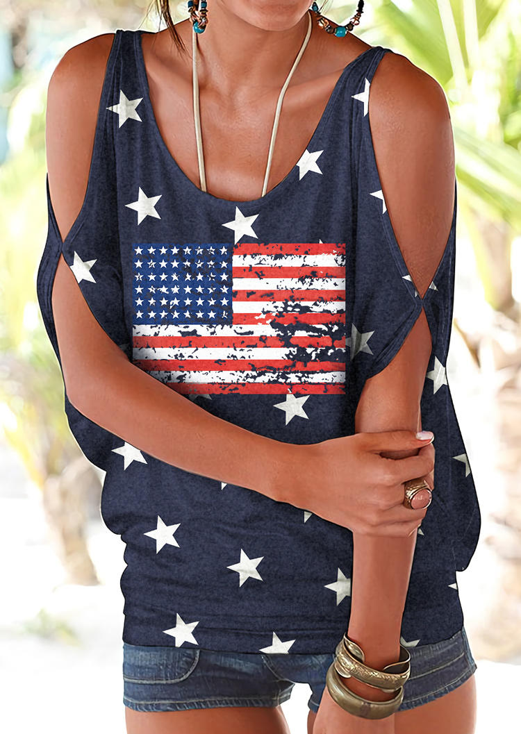 

Blouses American Flag Star Striped Cold Shoulder Blouse in Blue. Size