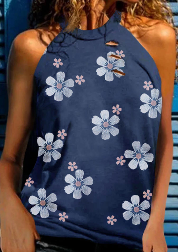 

Tank Tops Ripped Hole Floral Halter Tank Top in Deep Blue. Size: ,XL