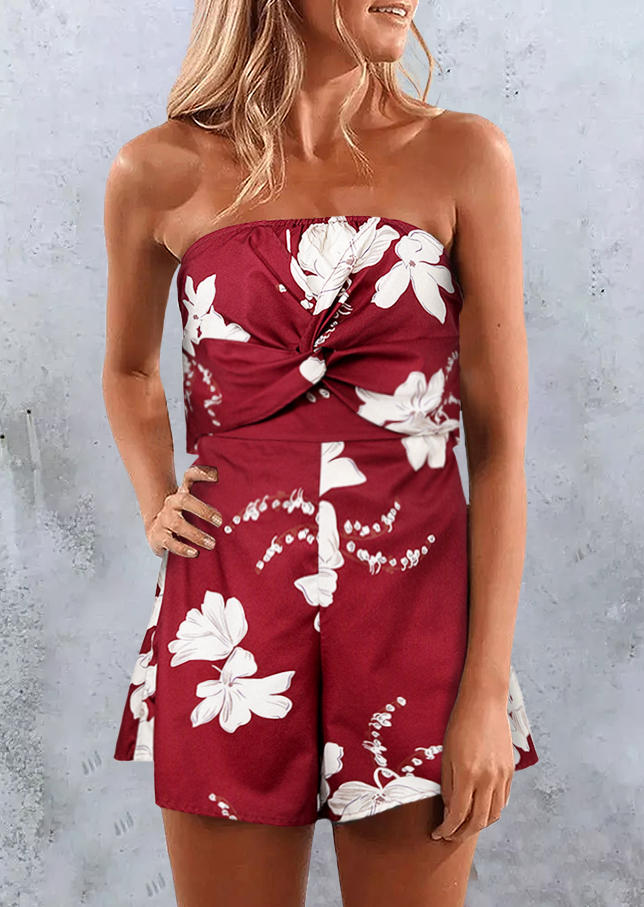 

Jumpsuits & Rompers Floral Hollow Out Open Back Twist Strapless Romper in Brick Red. Size: ,M,L,XL