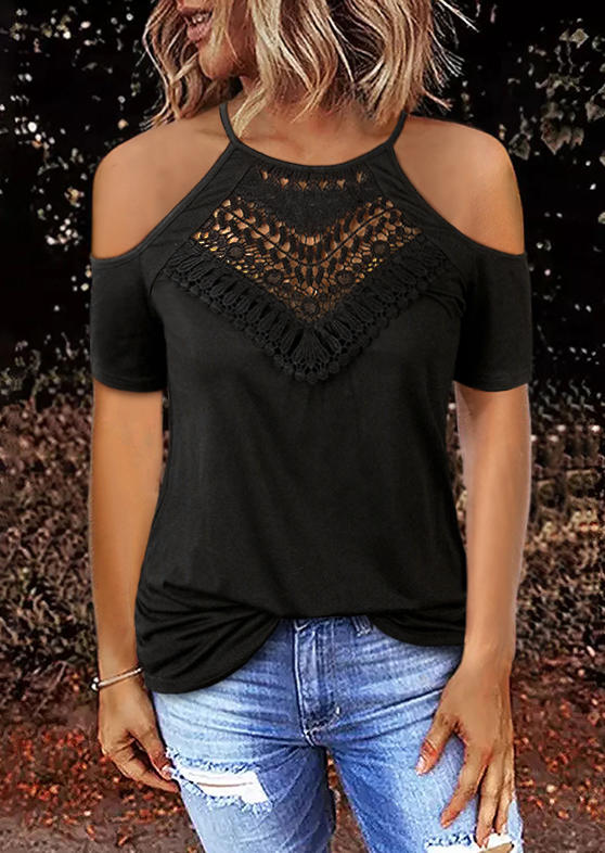 

Blouses Hollow Out Lace Splicing Cold Shoulder Blouse in Black. Size
