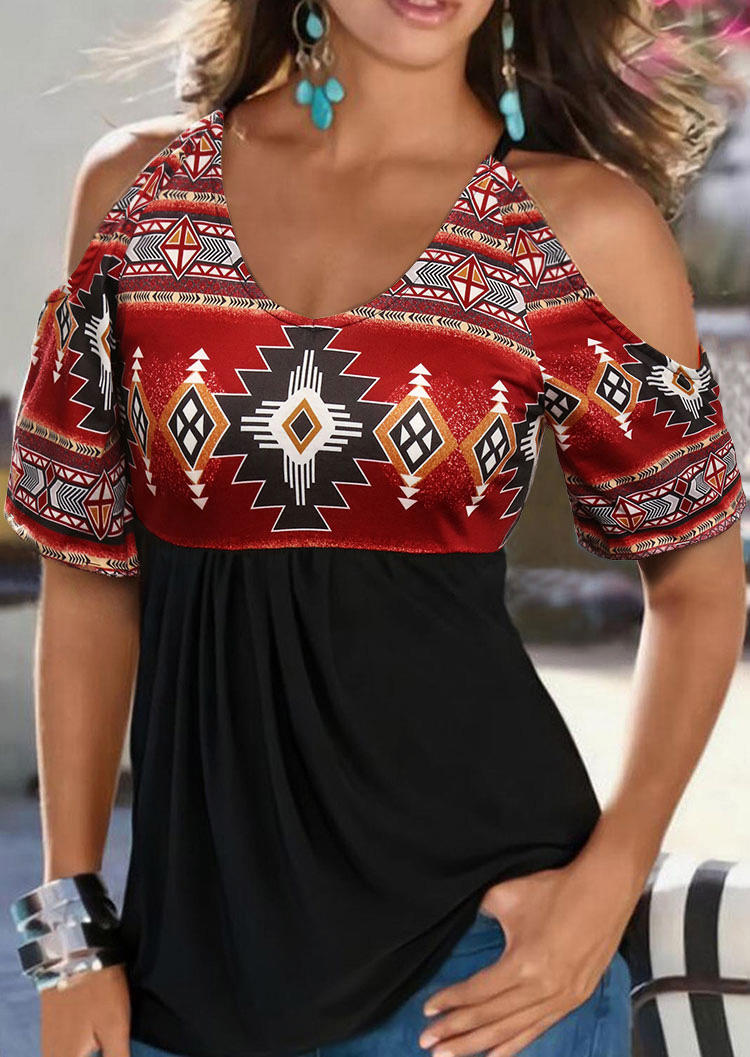 

Blouses Aztec Geometric Cold Shoulder Blouse in Black. Size