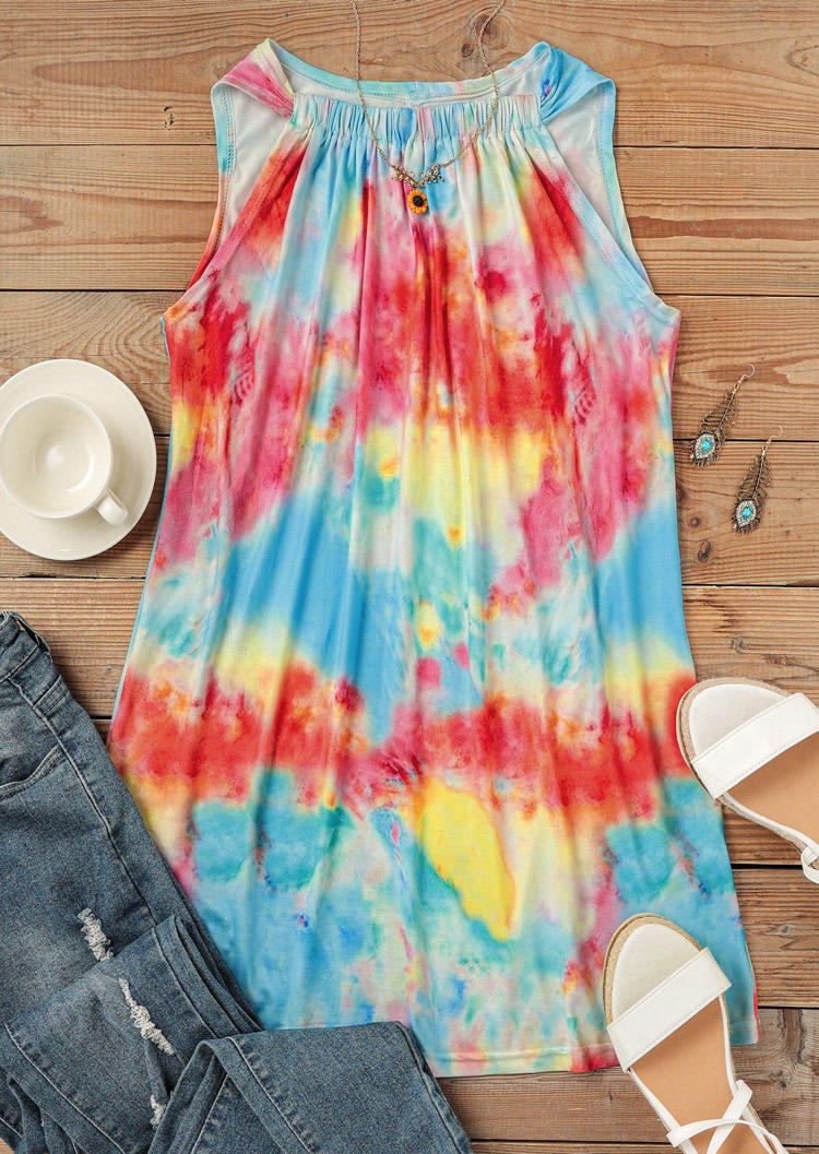 

Tank Tops Tie Dye Ruffled Halter Sleeveless Tank Top in Multicolor. Size