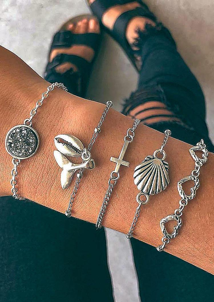 

Bracelet 5Pcs Cross Hollow Out Heart Fish Tail Bracelet Set in Silver. Size