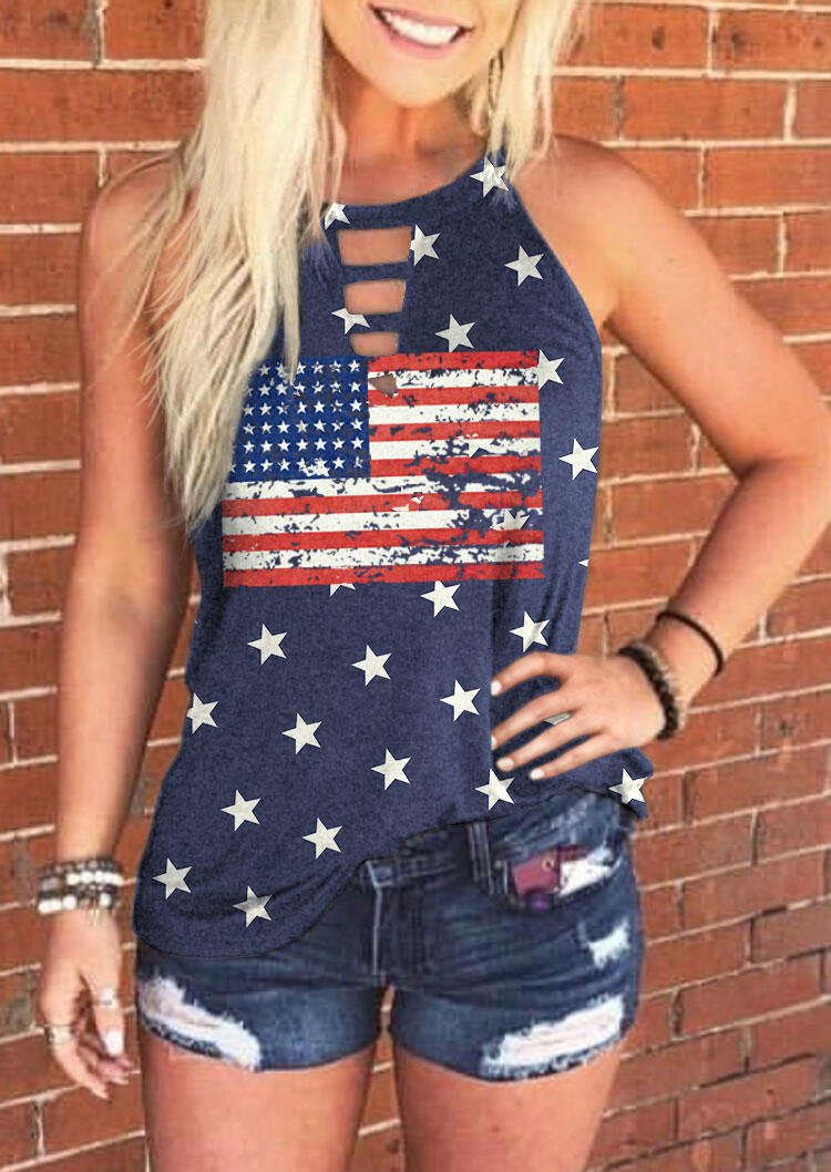 Tank Tops American Flag Star Striped Keyhole Neck Tank Top in Navy Blue. Size: S,M,L,XL