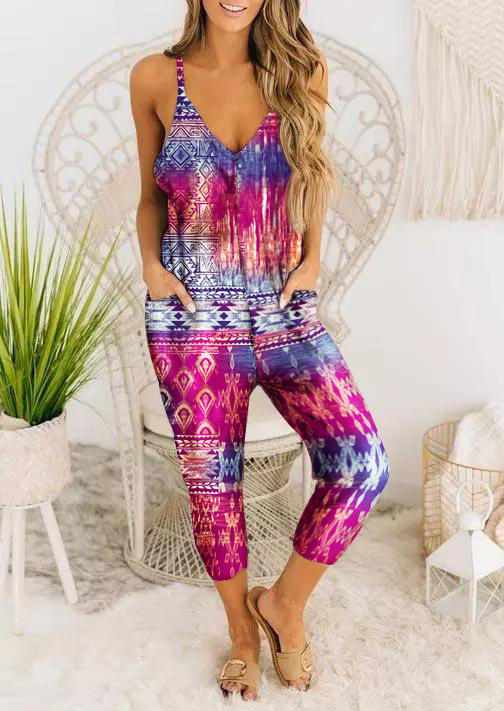 

Jumpsuits & Rompers Aztec Geometric Western Pocket Spaghetti Strap Jumpsuit in Multicolor. Size: ,M,L,XL