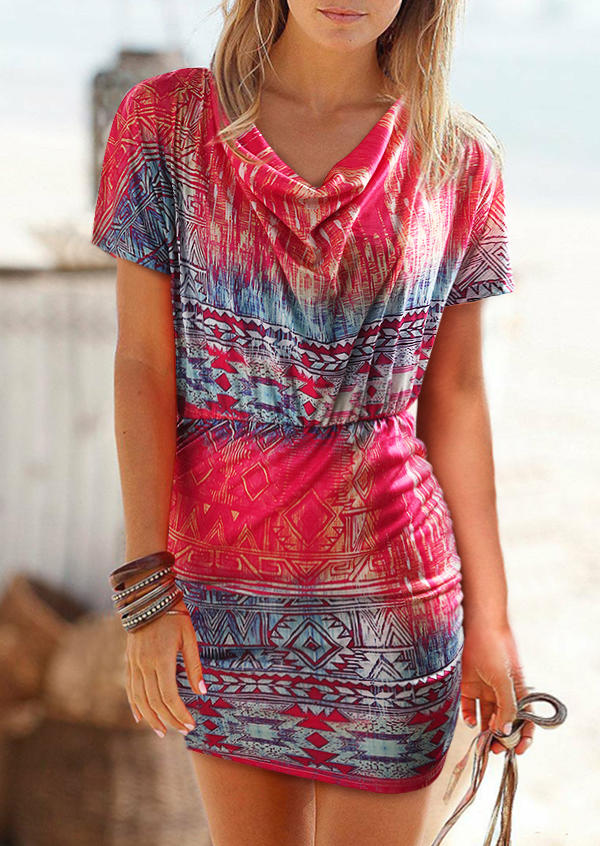 

Bodycon Dresses Aztec Geometric Short Sleeve Cowl Neck Bodycon Dress in Multicolor. Size: ,M,L,XL