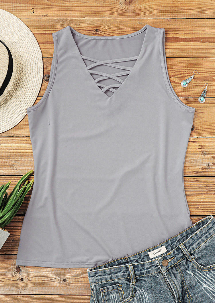 

Tank Tops Criss-Cross V-Neck Sleeveless Casual Tank Top in Gray. Size