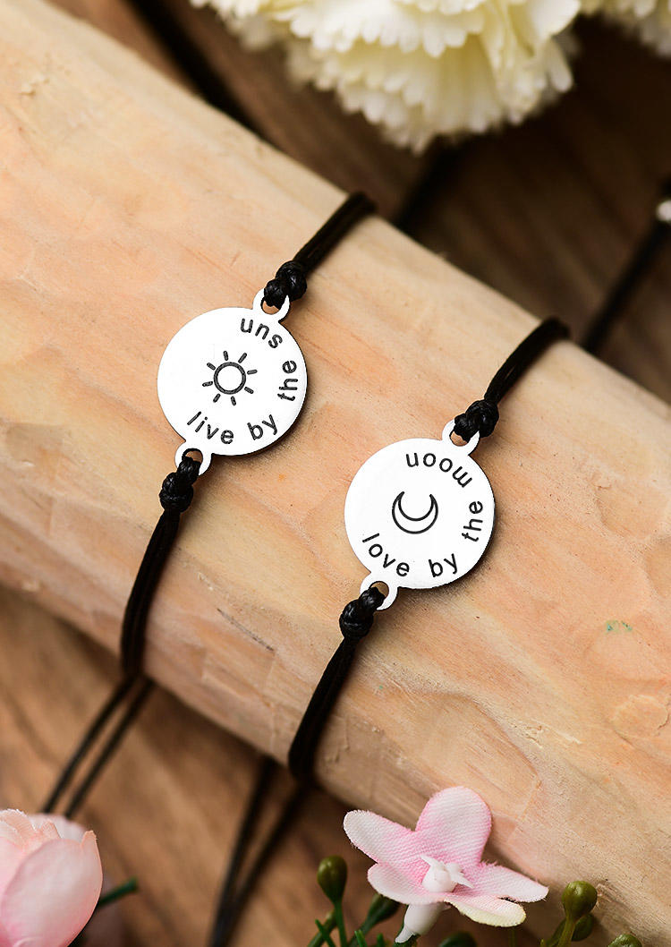 

Bracelet 2Pcs Live By The Sun Love By The Moon Adjustable Bracelet Set in Black. Size