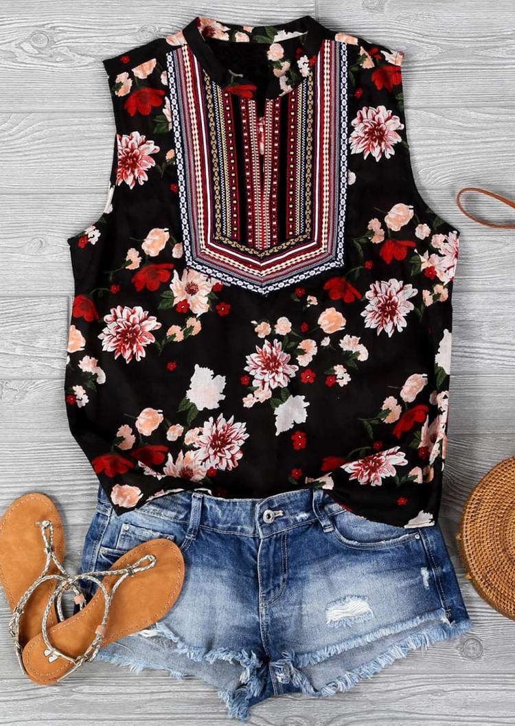 

Tank Tops Vintage Floral Sleeveless Tank Top in Black. Size: ,L