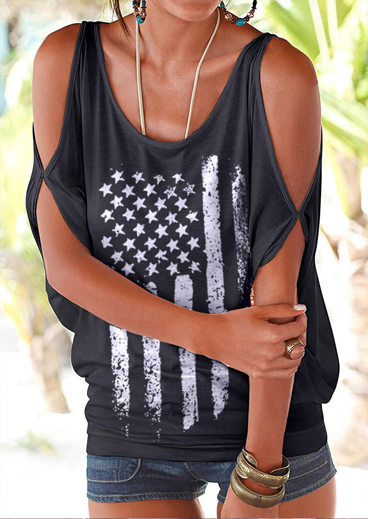 

Blouses American Flag Hollow Out Tie Cold Shoulder Blouse in Black. Size: ,XL
