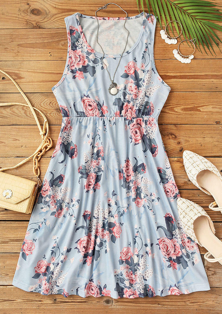Floral Elastic Waist Sleeveless Mini Dress
