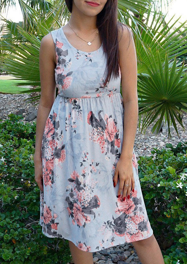 Floral Elastic Waist Sleeveless Mini Dress