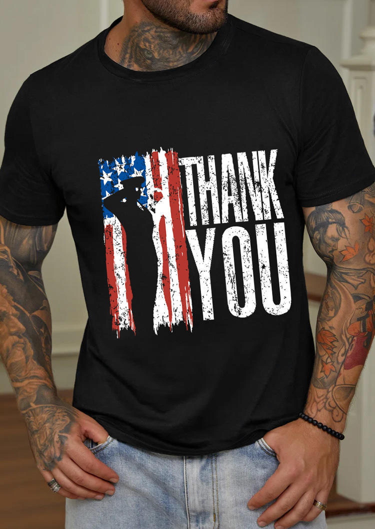 

T-shirts Tees Men American Flag Star Striped Thank You T-Shirt Tee in Black. Size: L,,2XL