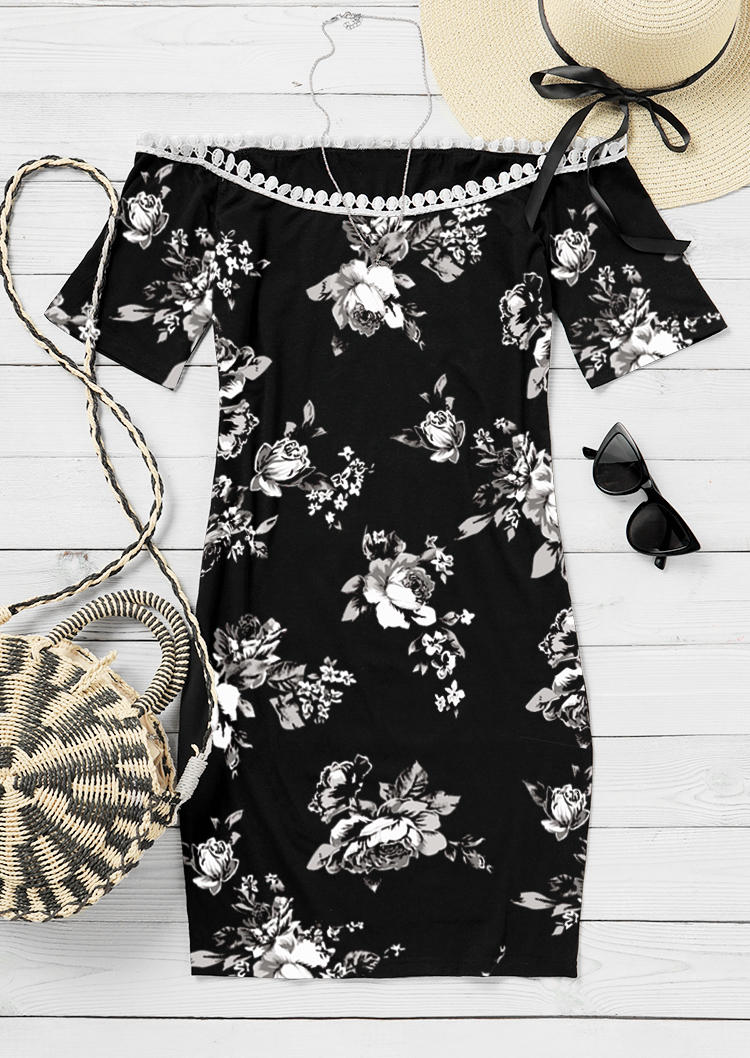 Floral Lace Off Shoulder Mini Dress - Black