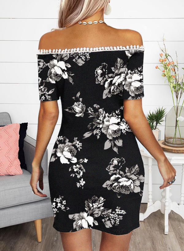 Mini Dresses Floral Lace Off Shoulder Mini Dress in Black. Size: S,M,L,XL