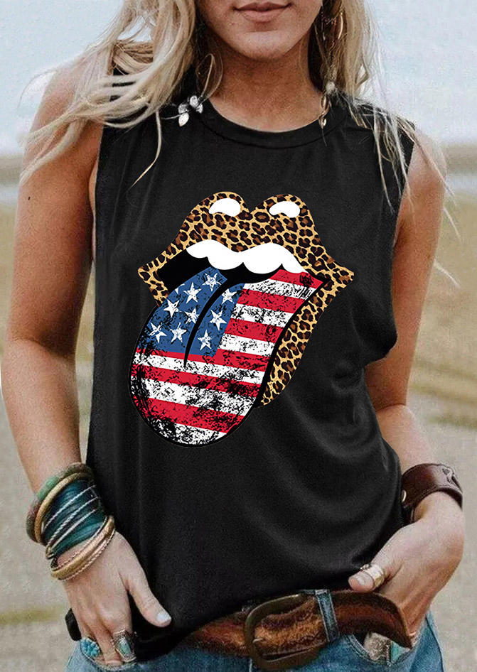 

Tank Tops Leopard American Flag Star Striped Lips Tank Top in Black. Size