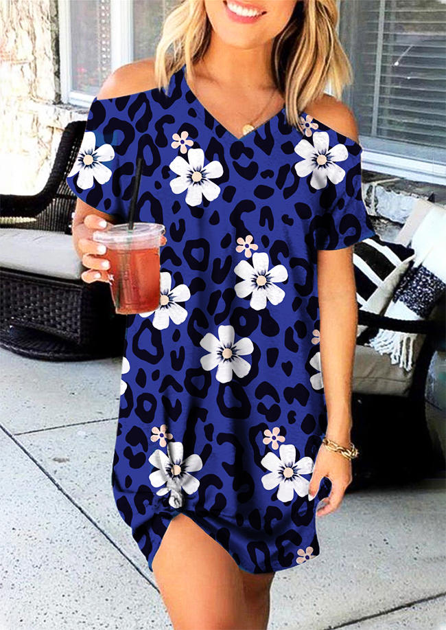 Leopard Floral Cold Shoulder Mini Dress