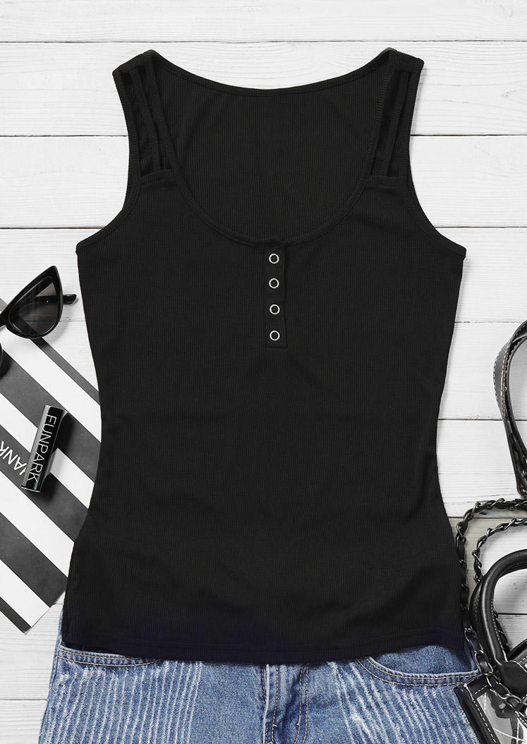 

Tank Tops Hollow Button Notched Neck Tank Top in Black. Size