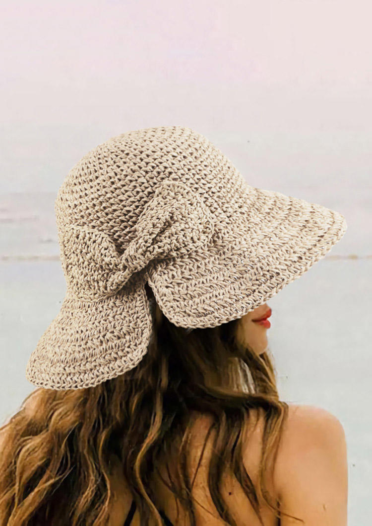 

Hats Bowknot Foldable Braid Beach Sun Hat in Light Khaki. Size