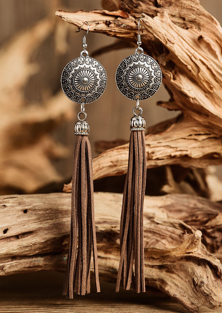 

Earrings Vintage Carved Flower Long Tassel Earrings in Coffee. Size