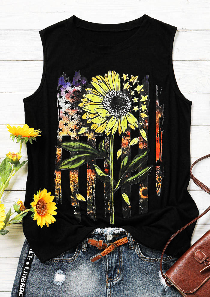 

Tank Tops American Flag Star Striped Sunflower Tank Top in Black. Size
