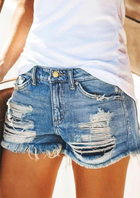 

Shorts Pocket Button Ripped Hole Denim Shorts in Blue. Size