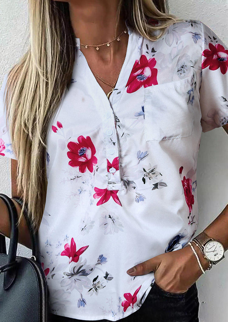 

Blouses Floral Button Pocket V-Neck Blouse in White. Size