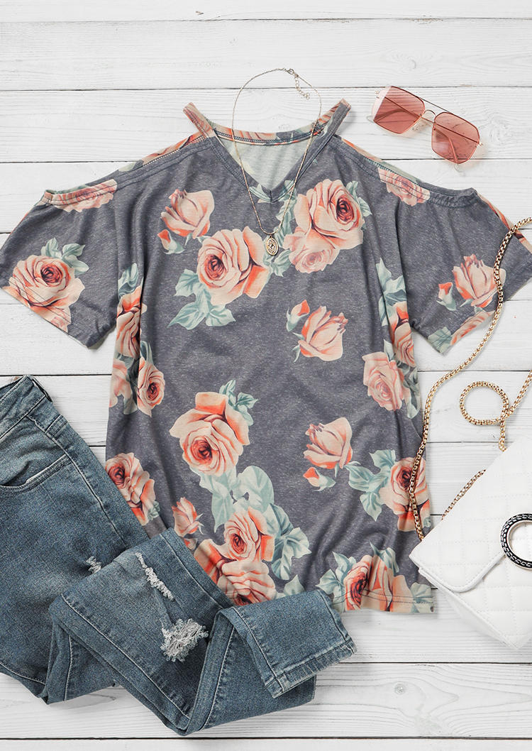 

Blouses Floral V-Neck Cold Shoulder Blouse in Gray. Size