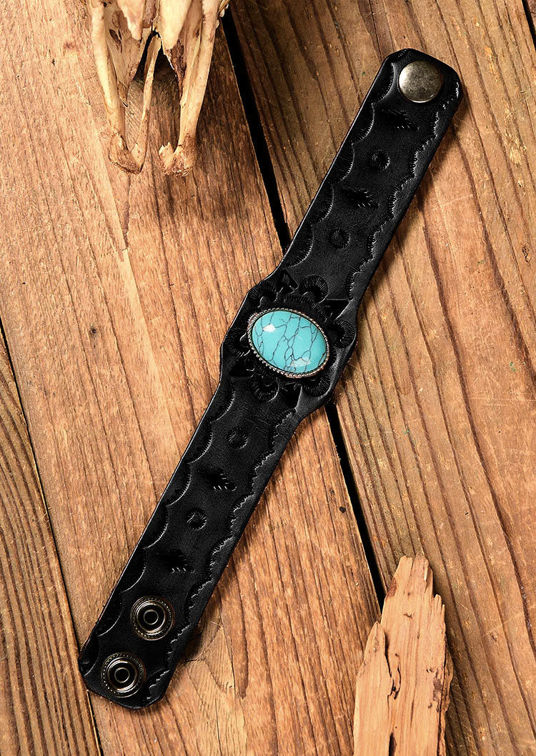 Vintage Turquoise Embossed Wide Leather Bracelet