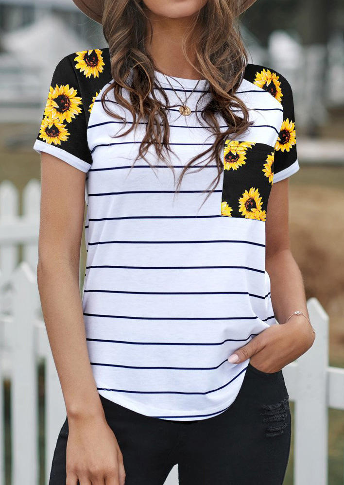 

Blouses Striped Sunflower Pocket Raglan Sleeve Blouse in Multicolor. Size