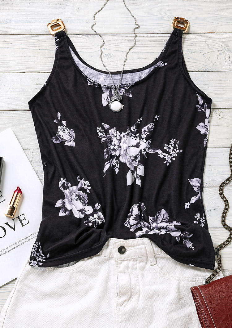 

Tank Tops Floral Chain Strap Casual Camisole in Black. Size