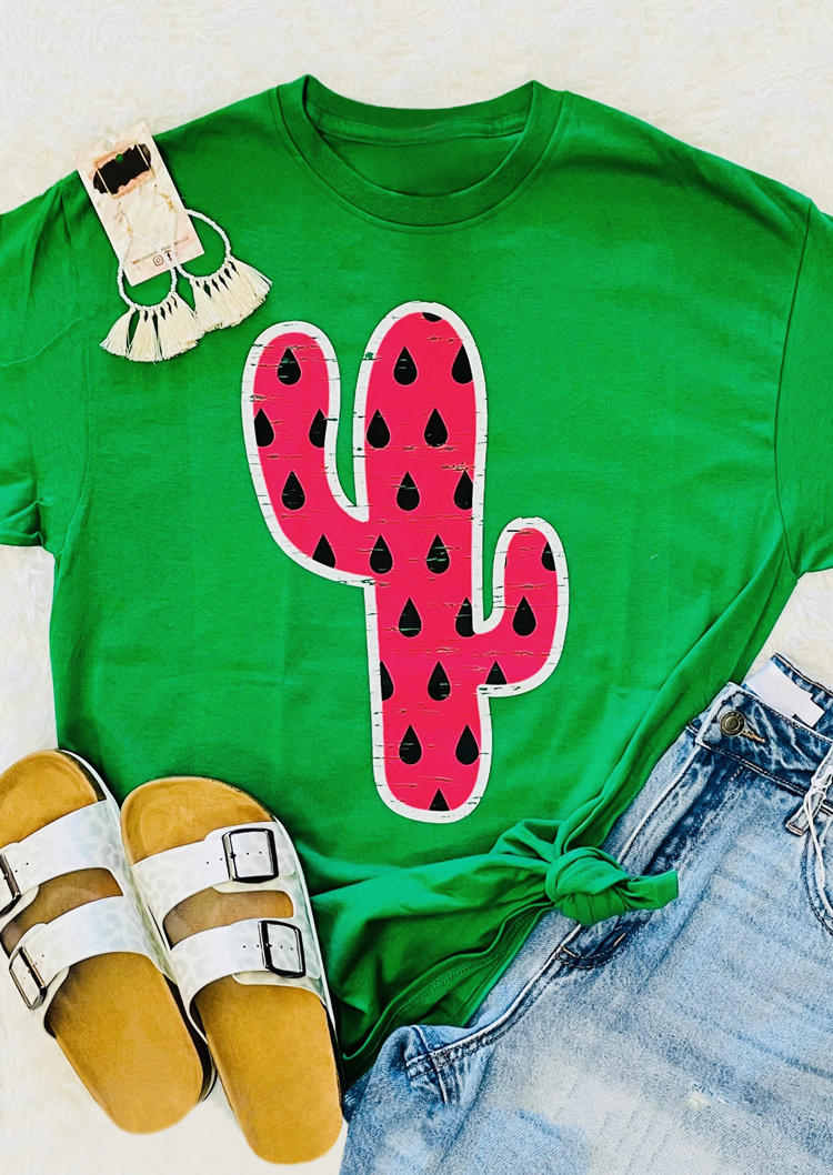 T-shirts Tees Watermelon Cactus O-Neck T-Shirt Tee in Green. Size: M,L