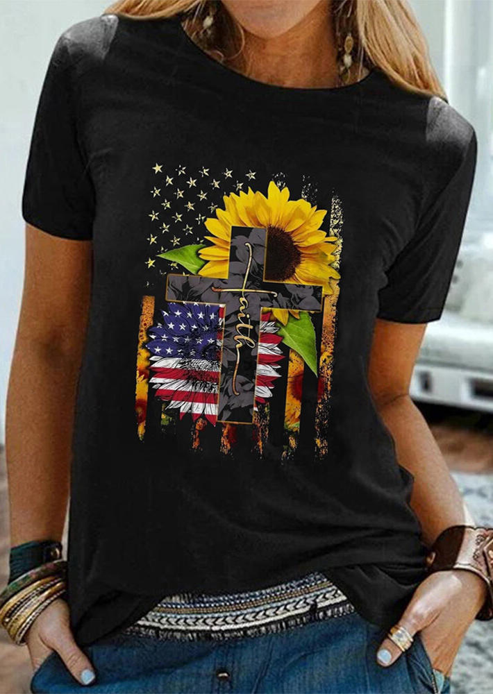 

T-shirts Tees American Flag Sunflower Faith Cross T-Shirt Tee in Black. Size: ,M,XL