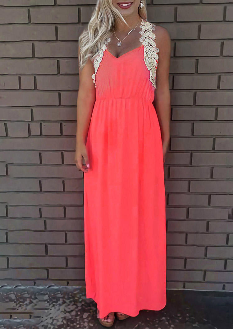 Maxi Dresses Lace Crochet Knitted Maxi Dress in Fluorescent Pink. Size: XL