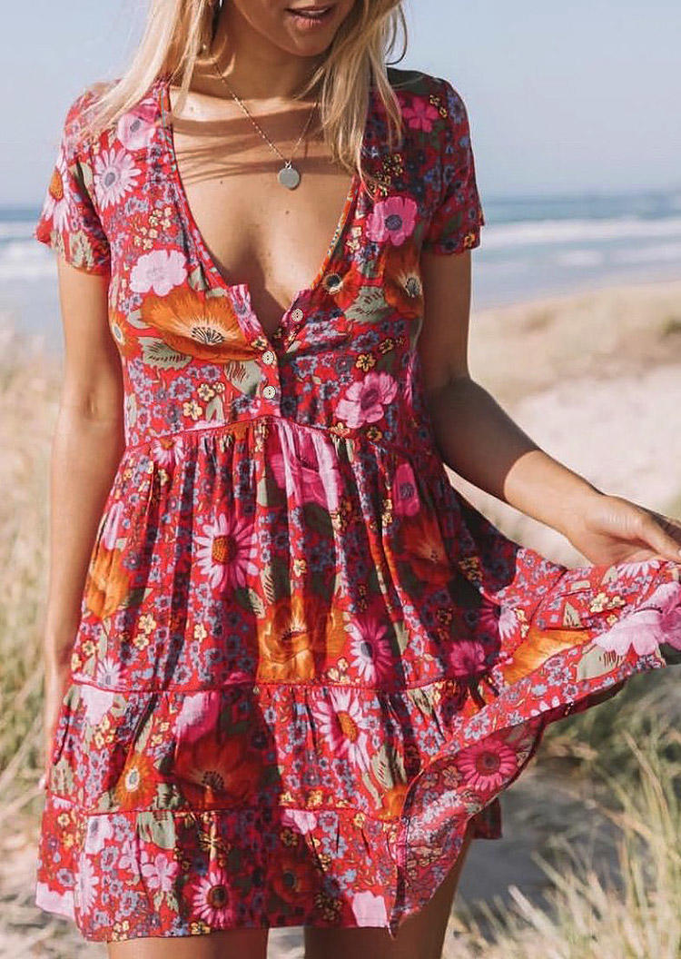 

Mini Dresses Floral Button V-Neck Mini Dress in Multicolor. Size: ,M,L,XL