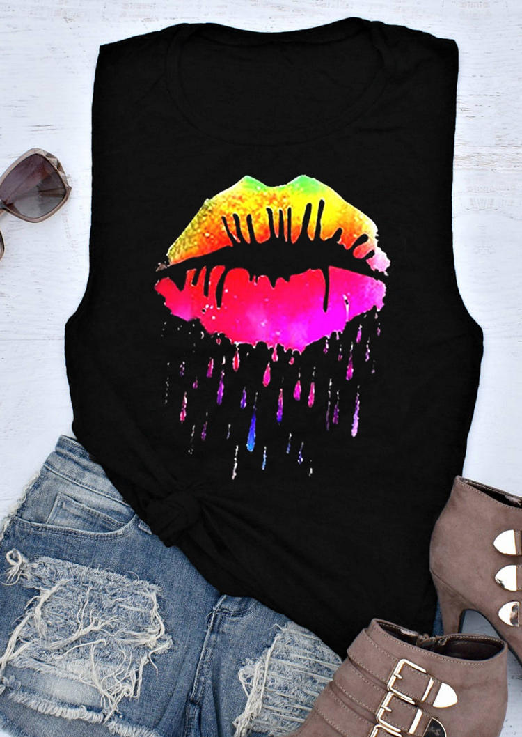 

Tank Tops Colorful Lips O-Neck Tank Top in Black. Size