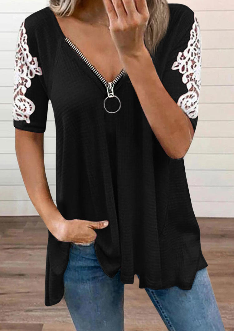 

Blouses Lace Splicing Zipper Collar Waffle Blouse in Black. Size: ,M,L,XL