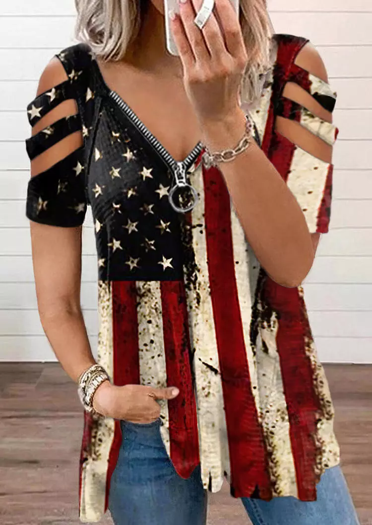American Flag Star Striped Zipper Collar Blouse - Fairyseason