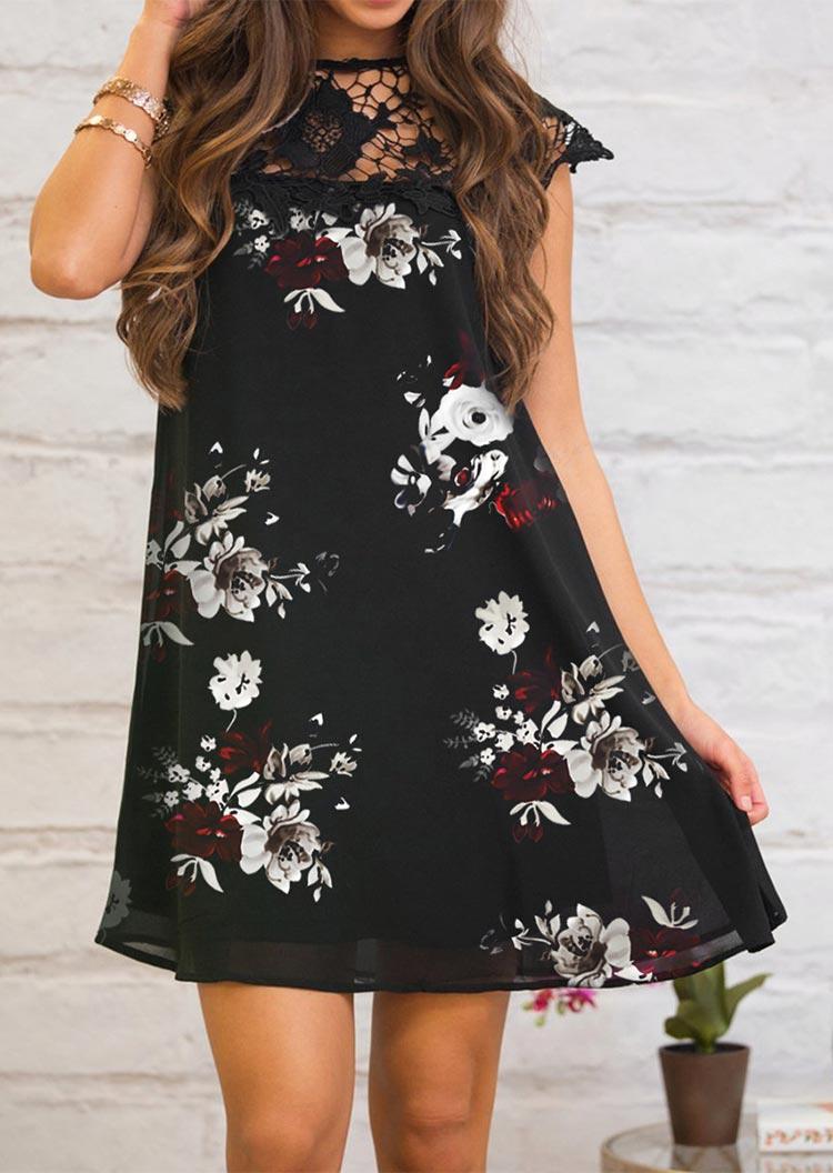 

Mini Dresses Hollow Out Floral Lace Splicing Mini Dress in Black. Size: ,M,L,XL
