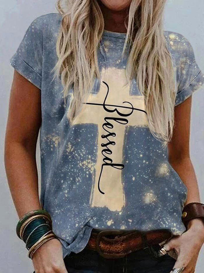 

T-shirts Tees Blessed Cross Bleached O-Neck T-Shirt Tee in Gray. Size