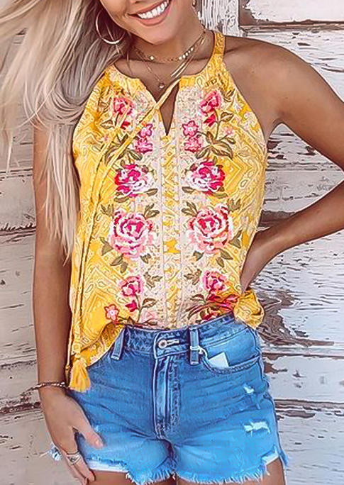 

Tank Tops Floral Geometric Tassel Drawstring Tank Top in Yellow. Size