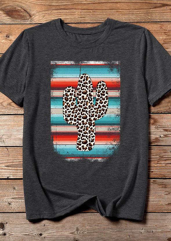 Serape Striped Leopard Cactus T-Shirt Tee - Dark Grey