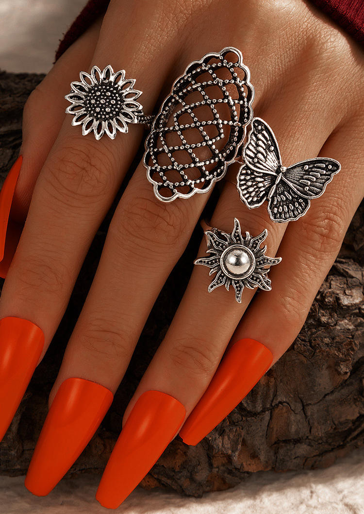 

Rings 4Pcs Sunflower Butterfly Hollow Out Alloy Ring Set in Silver. Size